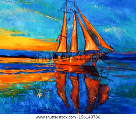 Original oil painting of sail ship and sea on canvas.Sunset over ocean.Modern Impressionism Original oil painting of sail ship and sea on canvas.Sunset over ocean.Modern Impressionism
