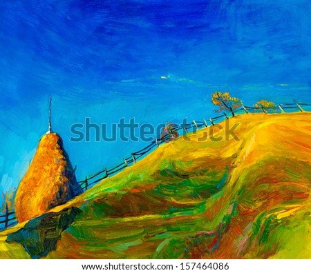 Original oil painting showing beautiful Autumn meadow with straw stack on canvas. Modern Impressionism