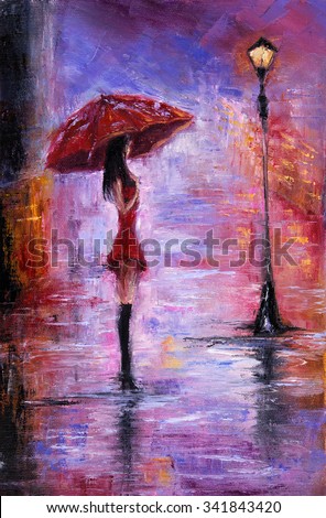 Original oil painting showing beautiful young woman in red,holding red umbrella near a street lamp on canvas. Modern Impressionism, modernism,marinism
