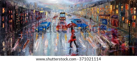 Original oil painting showing beautiful young woman in red,holding red umbrella crossing the city street on canvas. Modern Impressionism, modernism,marinism
