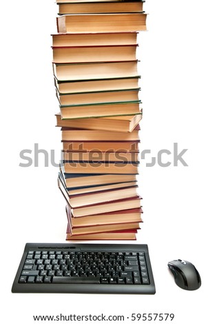 Black keyboard and mouse near books hill. Isolated on white