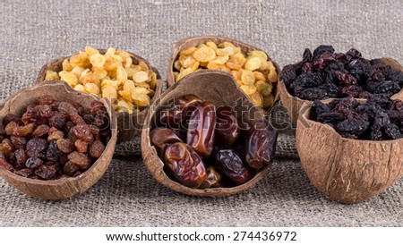 Dried fruits, sweet raisins and dates.