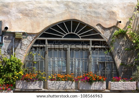old window with flower pot