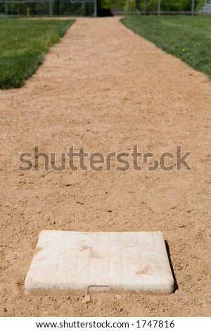 A shot of the baseball diamond base path between third and home, with third base in sharp focus and the area with home out of focus to emphasis the distance to home plate.