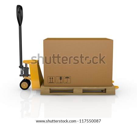 one pallet truck or forklift with a carton box 3D render one pallet truck or forklift with a carton box 3D render