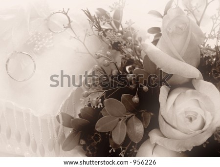 stock photo Antique Looking Wedding Bouquet with Wedding Rings