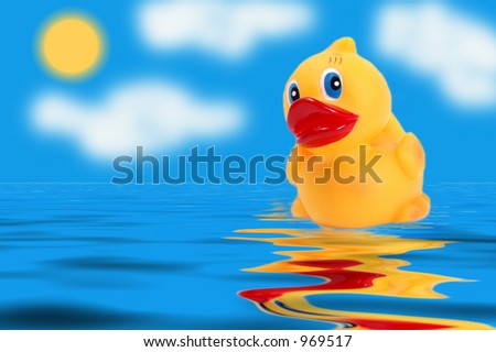 Floating Rubber Ducky with Sun and  Blue Sky