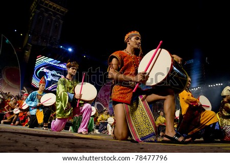 KUALA LUMPUR, MALAYSIA-MAY 20:Malaysian performing a drum dance routine during the rehearsal of Colours of  Malaysia May 20 2011 in Kuala Lumpur Malaysia. 24.6million tourist visited Malaysia in 2010.