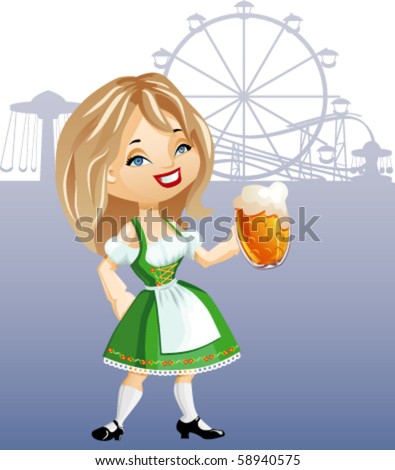 stock vector : cute cartoon blonde girl with glass of beer dressed in 
