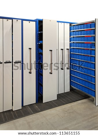 Pull out metal rack lockers in warehouse