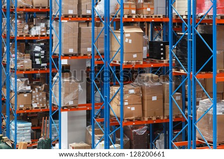 High rack shelving system in distribution warehouse