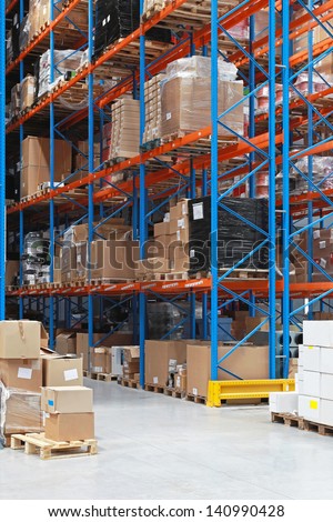 High rack shelving system in distribution warehouse