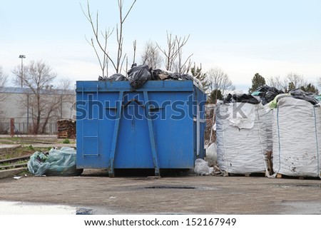 Dumpster and bags of sorted material for recycling