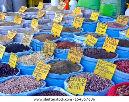 Bulk seeds in sacks at market in Istanbul