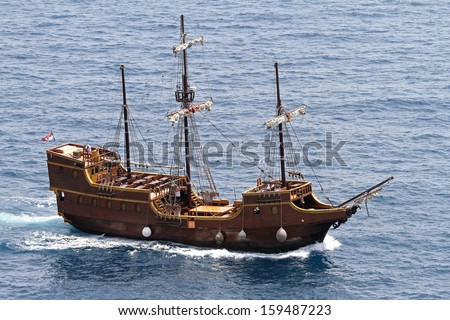 DUBROVNIK, CROATIA - JUNE 13: Pirate ship Tirena on JUNE 13, 2010. Replica of medieval pirate ship Tirena in Dubrovnik, Croatia.