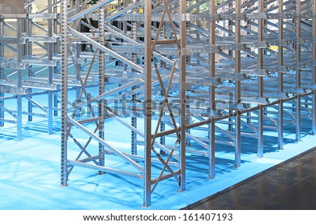 Metal shelving system in new distribution warehouse