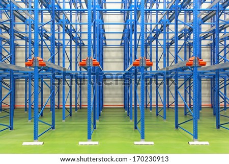 Blue shelving system in distribution warehouse
