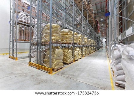 Food distribution warehouse with sacks and bags