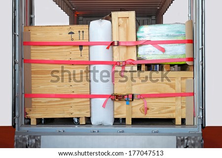 Rear view of truck trailer loaded with goods