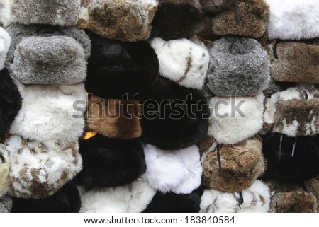 Various winter hats made from rabbit fur