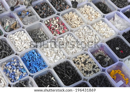 Plastic and rubber parts in workshop