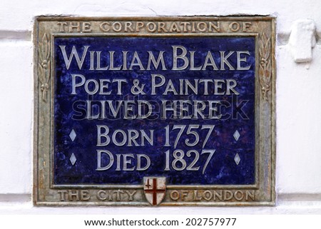 LONDON, UNITED KINGDOM - DECEMBER 25: William Blake Plaque in London on DECEMBER 25, 2010. William Blake memorial blue plaque in London, United Kingdom.