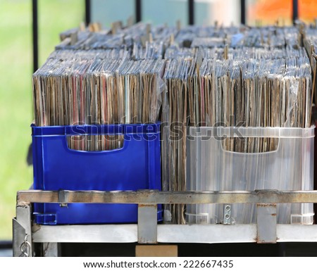 LP vinyl records collection in plastic crates