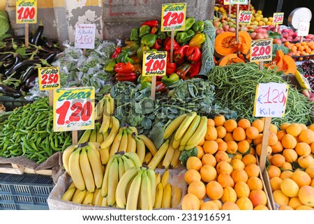 Fruits and veggies at corner stall in Italy