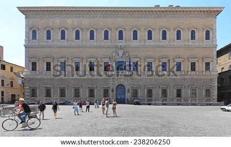 ROME, ITALY - JUNE 29: French Embassy in Rome on JUNE 29, 2014. Historic Building of Renaissance Palace Farnese at Piazza Farnese in Rome, Italy.