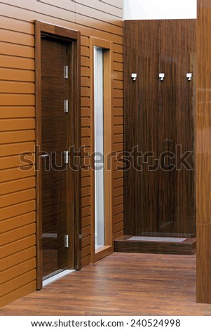 Modern lobby with brown wooden door