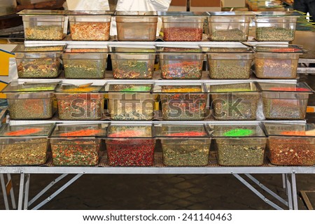 Herbs and spices in bulk boxes at Rome market