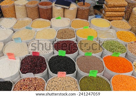 Beans and grains groceries in bulk bags at market