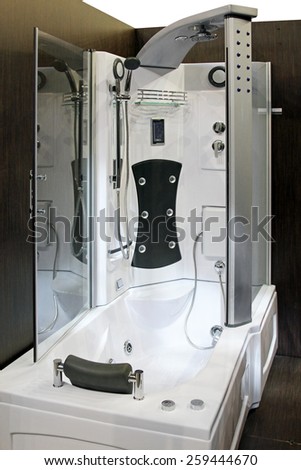 Modern bathtub and shower with hydro massage jets