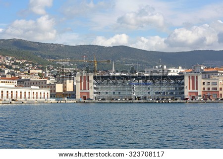 TRIESTE, ITALY - OCTOBER 14: Coast Guard Building in Trieste on OCTOBER 14, 2014. Guardia Costiera Headquarters from Molo Audace Dock in Trieste, Italy.
