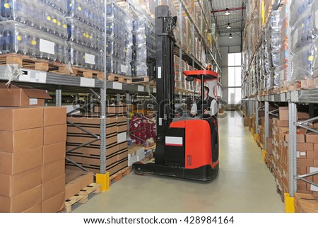 Forklift Loading Pallet With Goods in Distribution Warehouse