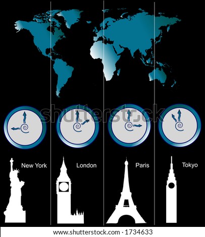 new york map of cities. of a world map with clocks