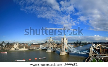 Tower Bridge and Tower of London sunny panorama