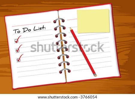 Photo realistic open notebook with to do list, memo paper and red pen on wooden table