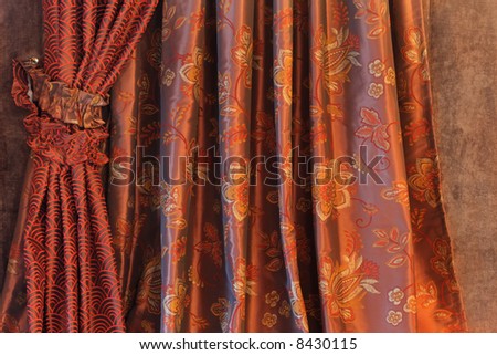 Brown drapery with detail of vintage curtains