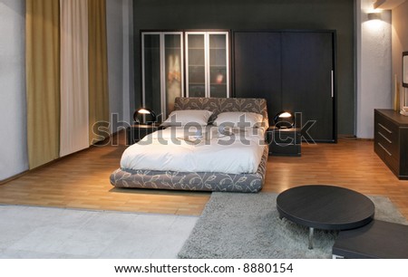 Bedroom with big double bed and big closet
