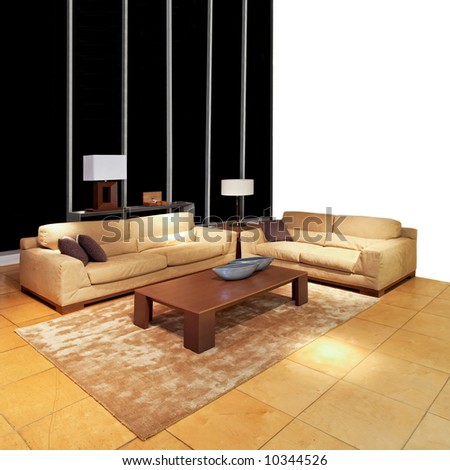 Modern brown living room with two sofas