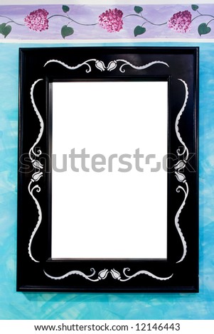 Black picture frame empty with floral decoration