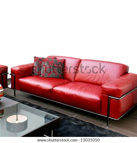 Shinny red leather sofa in modern living room