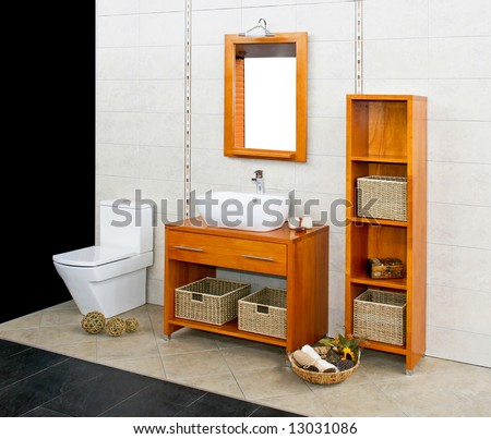 Big bathroom with natural style wooden furniture