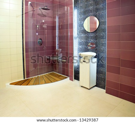 Big bathroom with purple ceramics and glass shower