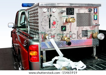 Foam and water pump engine on fire truck