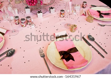 stock photo Pink wedding table with lot of decorations