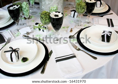 stock photo Round wedding table with lot of decorations