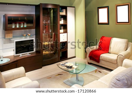 Green living room with big brown closet