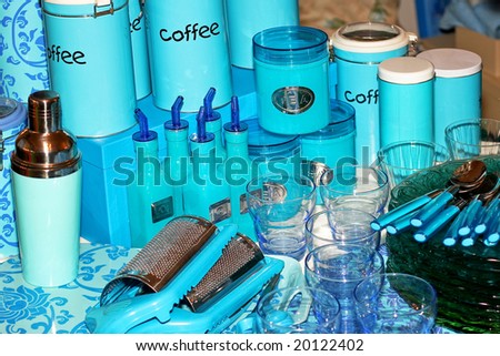 Various kitchenware and tableware utensils in blue